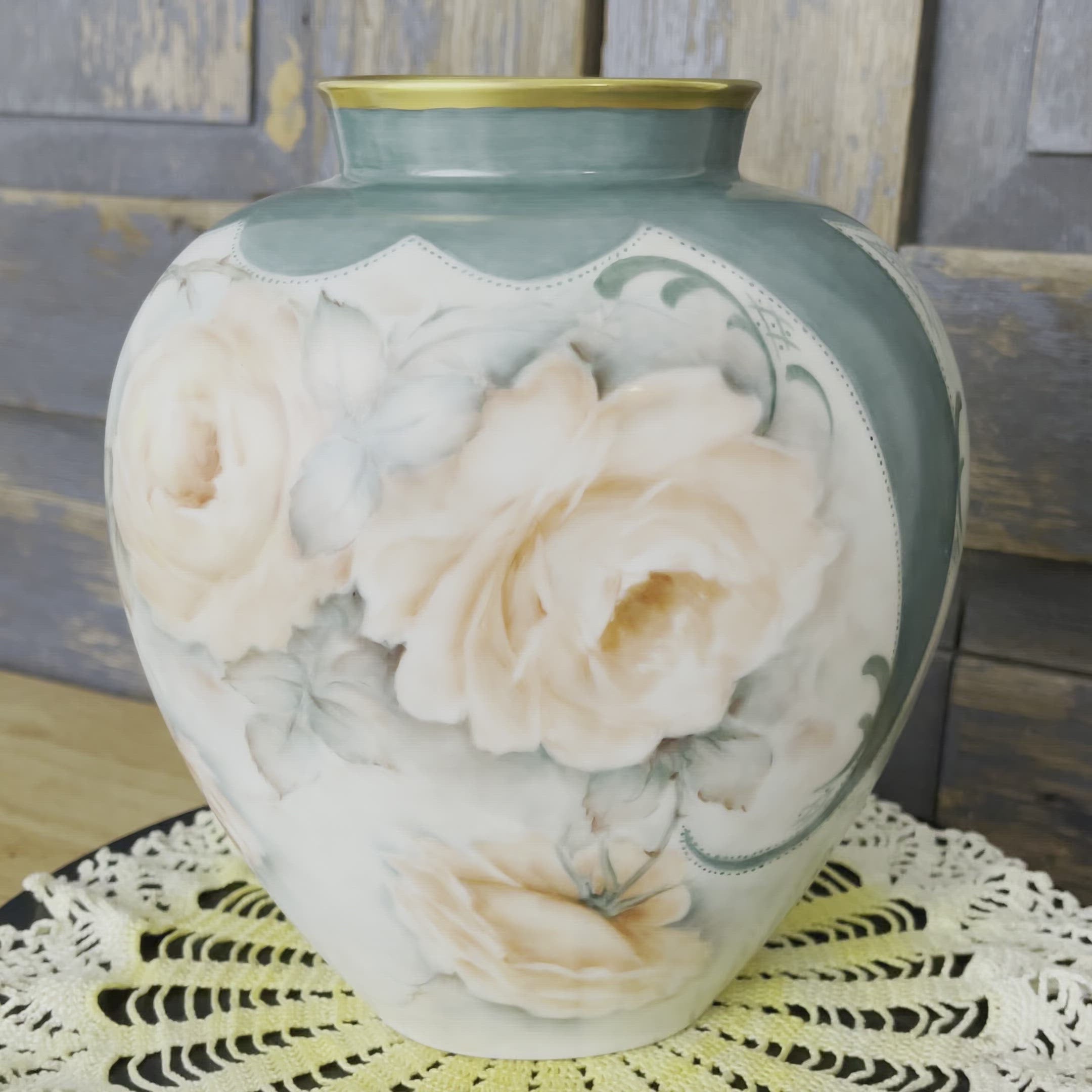 Vintage Hand Painted Turquoise and Rose Vase