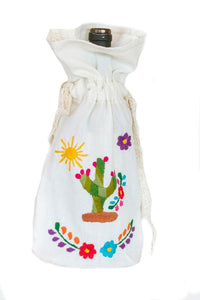 White Embroidered Cactus Wine Bag