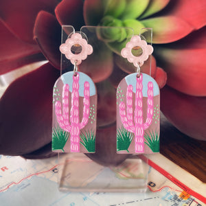 Pink Saguaro Desert Cactus Earrings