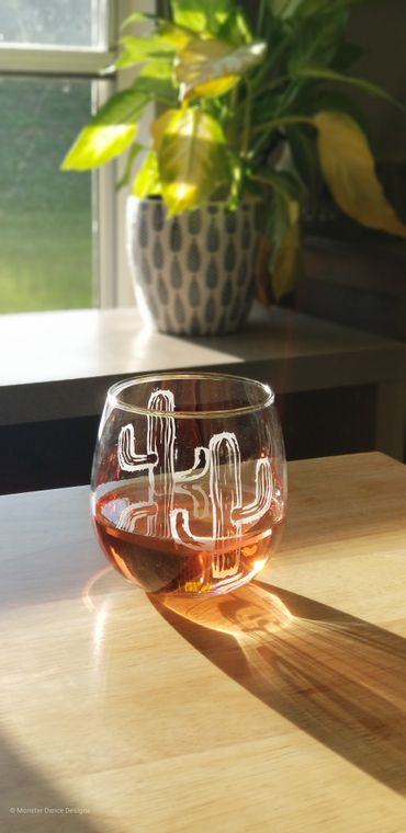 Etched Cactus Wine Glass