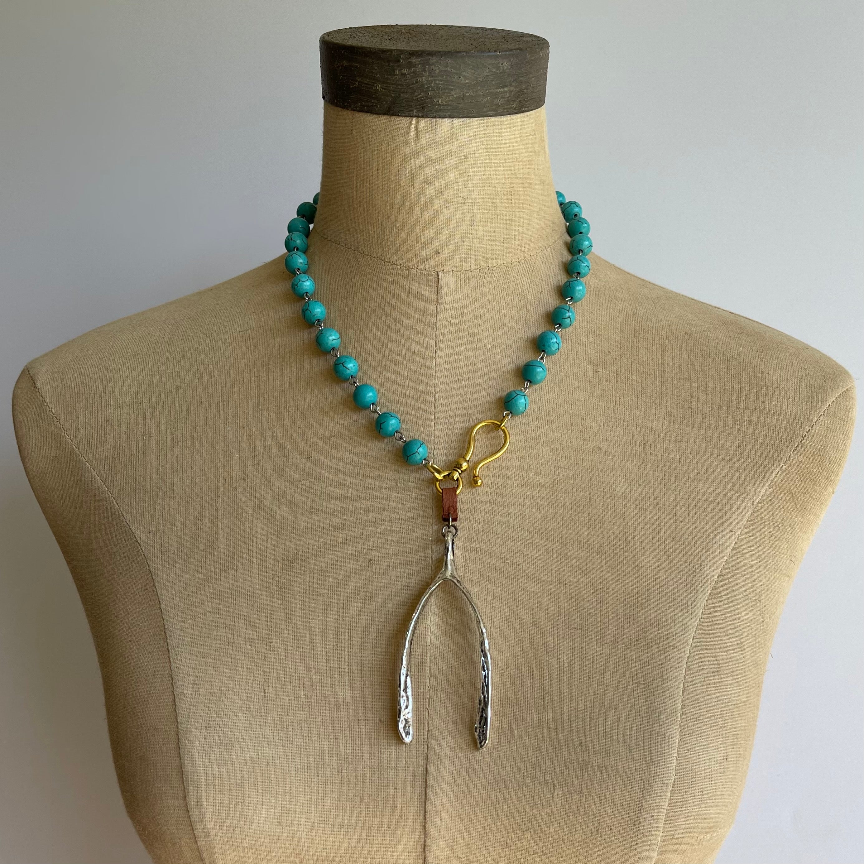 Turquoise Wishbone Gold Clasp Necklace